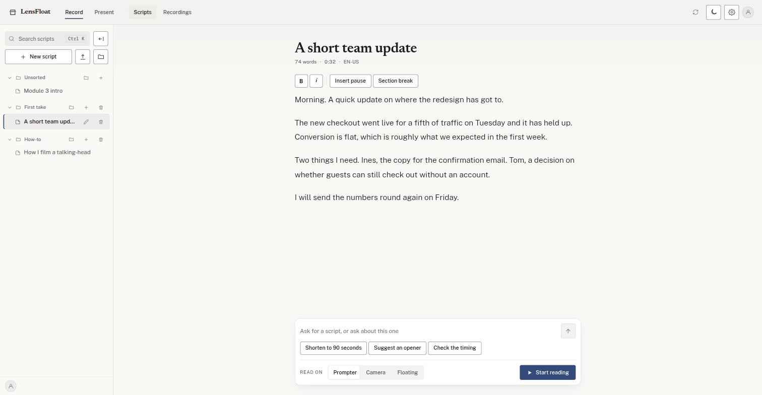 The LensFloat script library, with folders on the left and a script open beside its word count and running time.